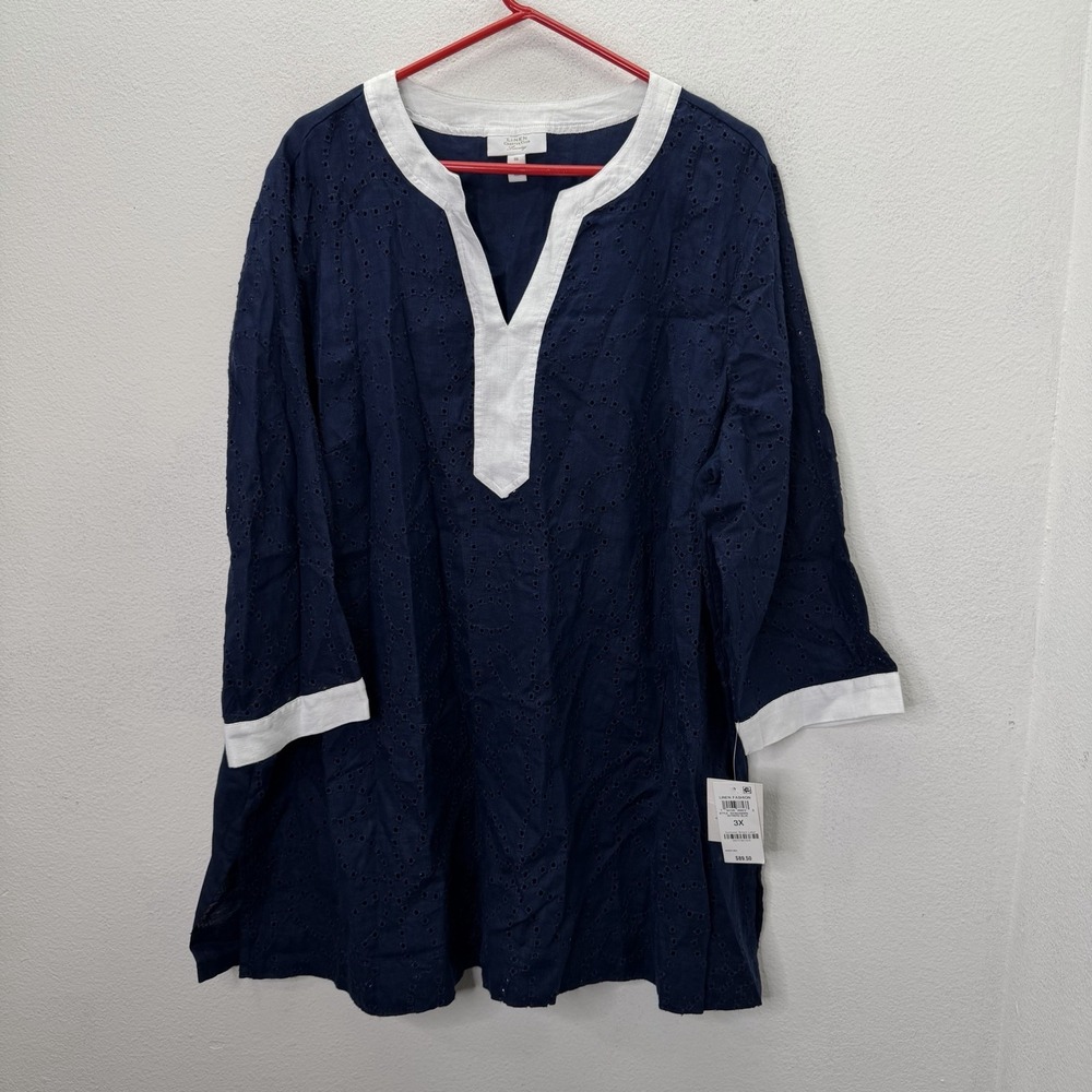 Charter Club Tunic Top 3X Navy Blue 100% Linen Luxury Coastal Peasant Resort NWT